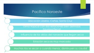 Pacífico Noroeste
Ubicación Libéria, Cañas, Santa Cruz
clima tropical con dos estaciones bien definidas
(Lluviosa/Seca)
Influencia de los alisios del noroeste que llegan secos
Estación seca es muy marcada
Muchos ríos se secan o cuando menos, disminuyen su caudal
 
