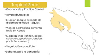 Tropical Seco
•Guanacaste y Pacífico Central
•Temperaturas altas
•Estación seca se extiende de
diciembre a marzo (sequias)
•Vientos del Pacífico aumenta
lluvia en Agosto
•Maderas finas (ron ron, cedro,
cocobolo, guayacán, caoba,
pochote, cenízaro)
•Vegetación caducifolia
•Sabanas para la ganadería
 