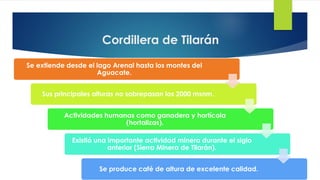 Cordillera de Tilarán
Se extiende desde el lago Arenal hasta los montes del
Aguacate.
Sus principales alturas no sobrepasan los 2000 msnm.
Actividades humanas como ganadera y hortícola
(hortalizas).
Existió una importante actividad minera durante el siglo
anterior (Sierra Minera de Tilarán).
Se produce café de altura de excelente calidad.
 