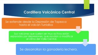 Cordillera Volcánica Central
Se extiende desde la Depresión de Tapezco
hasta el volcán Turrialba
Sus volcanes que suelen ser muy activos están
separados por depresiones, que ayudan a modificar
el clima del Valle Central.
Se desarrollan la ganadería lechera.
 