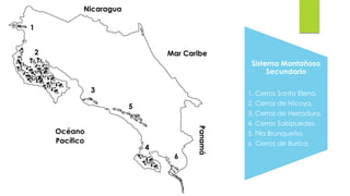 5
1
2
3
4
6
Mar Caribe
Océano
Pacífico
Nicaragua
Panamá
Sistema Montañoso
Secundario
1. Cerros Santa Elena.
2. Cerros de Nicoya.
3. Cerros de Herradura.
4. Cerros Salsipuedes.
5. Fila Brunqueña.
6. Cerros de Burica.
 
