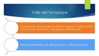 Valle del Tempisque
Se destacan las ciudades de Liberia, Bagaces, Cañas, Santa
Cruz, Nicoya, Hojancha, Abangares, Paquera, etc.
Presenta problemas de deforestación y falta de empleo.
 
