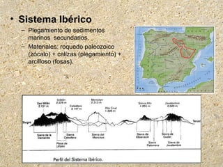 • Sistema Ibérico
– Plegamiento de sedimentos
marinos secundarios.
– Materiales: roquedo paleozoico
(zócalo) + calizas (plegamiento) +
arcilloso (fosas).
 