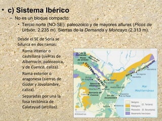 • c) Sistema Ibérico
– No es un bloque compacto:
• Tercio norte (NO-SE): paleozoico y de mayores alturas (Picos de
Urbión, 2.235 m). Sierras de la Demanda y Moncayo (2.313 m).
o Desde el SE de Soria se
bifurca en dos ramas:
 Rama interior o
castellana (sierras de
Albarracín, paleozoica,
y de Cuenca, caliza).
 Rama exterior o
aragonesa (sierras de
Gúdar y Javalambre,
caliza).
 Separadas por una la
fosa tectónica de
Calatayud (arcillas).
 