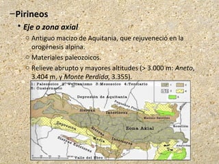 –Pirineos
 Eje o zona axial
o Antiguo macizo de Aquitania, que rejuveneció en la
orogénesis alpina.
o Materiales paleozoicos.
o Relieve abrupto y mayores altitudes (> 3.000 m: Aneto,
3.404 m, y Monte Perdido, 3.355).
 
