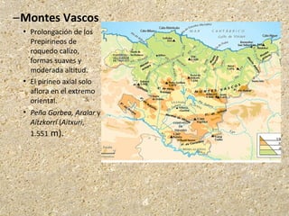 –Montes Vascos
 Prolongación de los
Prepirineos de
roquedo calizo,
formas suaves y
moderada altitud.
 El pirineo axial solo
aflora en el extremo
oriental.
 Peña Gorbea, Aralar y
Aitzkorri (Aitxuri,
1.551 m).
 