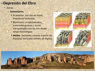 –Depresión del Ebro
 Zonas:
o Somontanos
 Al exterior, son tierras llanas,
levemente inclinadas.
 Materiales: conglomerados,
materiales gruesos y duros
transportados por los ríos desde
zonas montañosas.
 Mallos: torreones rocosos a partir de
fracturas verticales (Mallos de Riglos).
 