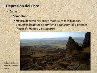 –Depresión del Ebro
 Zonas:
o Somontanos
 Hoyas, depresiones sobre materiales más blandos,
pequeñas (lagunas de Sariñena o Gallocanta) o grandes
(hoyas de Huesca y Barbastro).
Vista de la Hoya
de Huesca desde
Loarre
 