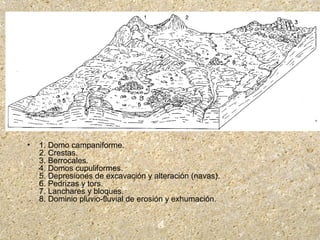 • 1. Domo campaniforme.
2. Crestas.
3. Berrocales.
4. Domos cupuliformes.
5. Depresiones de excavación y alteración (navas).
6. Pedrizas y tors.
7. Lanchares y bloques.
8. Dominio pluvio-fluvial de erosión y exhumación.
 