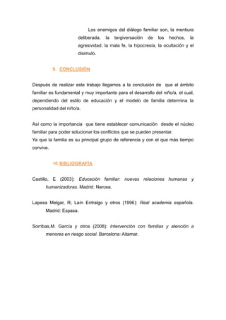 Los enemigos del diálogo familiar son, la mentiura
                      deliberada,   la   tergiversación   de   los   hechos,   la
                      agresividad, la mala fe, la hipocresía, la ocultación y el
                      disimulo.


           9. CONCLUSIÓN


Después de realizar este trabajo llegamos a la conclusión de que el ámbito
familiar es fundamental y muy importante para el desarrollo del niño/a, el cual,
dependiendo del estilo de educación y el modelo de familia determina la
personalidad del niño/a.


Así como la importancia que tiene establecer comunicación desde el núcleo
familiar para poder solucionar los conflictos que se pueden presentar.
Ya que la familia es su principal grupo de referencia y con el que más tiempo
convive.


           10. BIBLIOGRAFÍA


Castillo, E (2003): Educación familiar: nuevas relaciones humanas y
      humanizadoras. Madrid: Narcea.


Lapesa Melgar, R; Laín Entralgo y otros (1996): Real academia española.
      Madrid: Espasa.


Sorribas,M. García y otros (2008): Intervención con familias y atención a
      menores en riesgo social. Barcelona: Aitamar.
 