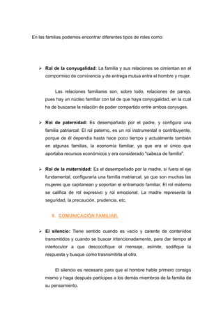 En las familias podemos encontrar diferentes tipos de roles como:




    Rol de la conyugalidad: La familia y sus relaciones se cimientan en el
      compormiso de convivencia y de entrega mutua entre el hombre y mujer.


           Las relaciones familiares son, sobre todo, relaciones de pareja,
      pues hay un núcleo familiar con tal de que haya conyugalidad, en la cual
      ha de buscarse la relación de poder compartido entre ambos conyuges.


    Rol de paternidad: Es desempañado por el padre, y configura una
      familia patriarcal. El rol paterno, es un rol instrumental o contribuyente,
      porque de él dependía hasta hace poco tiempo y actualmente también
      en algunas familias, la economía familiar, ya que era el único que
      aportaba recursos económicos y era considerado "cabeza de familia".


    Rol de la maternidad: Es el desempeñado por la madre, si fuera el eje
      fundamental, configuraría una familia matriarcal, ya que son muchas las
      mujeres que capitanean y soportan el entramado familiar. El rol materno
      se califica de rol expresivo y rol emocional. La madre representa la
      seguridad, la precaución, prudencia, etc.


         8. COMUNICACIÓN FAMILIAR.


    El silencio: Tiene sentido cuando es vacío y carente de contenidos
      transmitidos y cuando se buscar intencionadamente, para dar tiempo al
      interlocutor a que descocofique el mensaje, asimile, sodifique la
      respuesta y busque como trasnsmitirla al otro.


           El silencio es necesario para que el hombre hable primero consigo
      mismo y haga después partícipes a los demás miembros de la familia de
      su pensamiento.
 