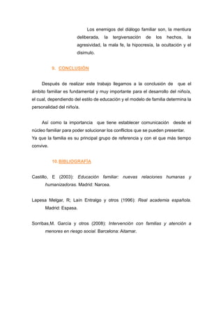 Los enemigos del diálogo familiar son, la mentiura
                      deliberada,   la   tergiversación   de   los   hechos,    la
                      agresividad, la mala fe, la hipocresía, la ocultación y el
                      disimulo.


           9. CONCLUSIÓN


     Después de realizar este trabajo llegamos a la conclusión de        que el
ámbito familiar es fundamental y muy importante para el desarrollo del niño/a,
el cual, dependiendo del estilo de educación y el modelo de familia determina la
personalidad del niño/a.


     Así como la importancia que tiene establecer comunicación desde el
núcleo familiar para poder solucionar los conflictos que se pueden presentar.
Ya que la familia es su principal grupo de referencia y con el que más tiempo
convive.


           10. BIBLIOGRAFÍA


Castillo, E (2003): Educación familiar: nuevas relaciones humanas y
      humanizadoras. Madrid: Narcea.


Lapesa Melgar, R; Laín Entralgo y otros (1996): Real academia española.
      Madrid: Espasa.


Sorribas,M. García y otros (2008): Intervención con familias y atención a
      menores en riesgo social. Barcelona: Aitamar.
 