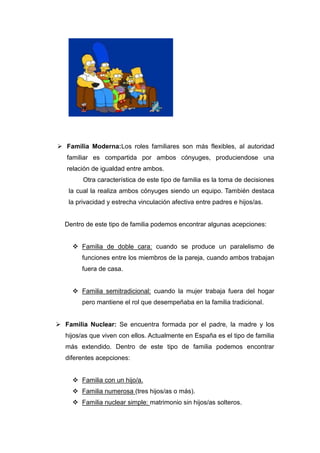  Familia Moderna:Los roles familiares son más flexibles, al autoridad
   familiar es compartida por ambos cónyuges, produciendose una
   relación de igualdad entre ambos.
         Otra característica de este tipo de familia es la toma de decisiones
    la cual la realiza ambos cónyuges siendo un equipo. También destaca
    la privacidad y estrecha vinculación afectiva entre padres e hijos/as.


  Dentro de este tipo de familia podemos encontrar algunas acepciones:


      Familia de doble cara: cuando se produce un paralelismo de
        funciones entre los miembros de la pareja, cuando ambos trabajan
        fuera de casa.


      Familia semitradicional: cuando la mujer trabaja fuera del hogar
        pero mantiene el rol que desempeñaba en la familia tradicional.


 Familia Nuclear: Se encuentra formada por el padre, la madre y los
   hijos/as que viven con ellos. Actualmente en España es el tipo de familia
   más extendido. Dentro de este tipo de familia podemos encontrar
   diferentes acepciones:


      Familia con un hijo/a.
      Familia numerosa (tres hijos/as o más).
      Familia nuclear simple: matrimonio sin hijos/as solteros.
 