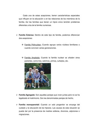 Cada una de estas acepciones, tienen características especiales
   que influyen en la educación o en las relaciones de los miembros de la
   familia. Así las familias que tienen un hijo/a único tendrán problemas
   diferentes a los de la familia numerosa.




 Familia Extensa: Dentro de este tipo de familia, podemos diferenciar
   dos acepciones:


       Familia Polinuclear: Cuando agrupa varios núcleos familiares o
          cuando conviven varias generaciones.




       Familia Ampliada: Cuando la familia nuclear se añaden otros
          parientes, como tíos, sobrinos, primos, cuñados, etc.




 Familia Agregada: Son aquellas parejas que viven juntas pero no se ha
   legalizado el matrimonio. Son las denominadas parejas de hecho.


 Familia monoparental: Cuando un solo progenitor se encarga del
   cuidado y la educación de los hijos/as. Las causas de esta situación se
   puede dar por la presencia de madres solteras, divorcios, adpciones o
   migraciones.
 