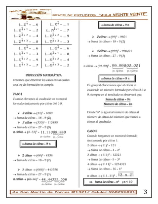 3
INDUCCIÓN MATEMÁTICA
Tenemos que observar los casos en las cuales
una ley de formación se cumple.
CASO I
Cuando elevamos al cuadrado un numeral
formado únicamente por cifras 3,6 ó 9.
 2 cifras  (33)² = 1089
 Suma de cifras = 18 = 9 (2)
 3 cifras  (333)² = 110889
 Suma de cifras = 27 = 9 (3)
n cifras  (3...33)² =
(n 1)cifras (n 1)cifras
11..11088...889
 
 2 cifras  (66)² = 4356
 Suma de cifras = 18 = 9 (2)
 3 cifras  (666)² = 443556
 Suma de cifras = 27 = 9 (3)
n cifras  (66..66)² =
(n 1)cifras (n 1)cifras
44...44355...556
 
 2 cifras  (99)² = 9801
 Suma de cifras = 18 = 9 (2)
 3 cifras  (999)² = 998001
 Suma de cifras = 27 = 9 (3)
n cifras  (99..99)² =
(n-1)cifras (n-1)cifras
99...99800...001
En general observamos que al elevar al
cuadrado un número formado por cifras 3,6 ó
9, siempre en el resultado se observará que:
Suma de cifras = 9n
Número de cifras = 2n
Donde “n” es igual al número de cifras al
número de cifras del número que vamos a
elevar al cuadrado.
CASO II
Cuando tengamos un numeral formado
únicamente por cifras 1:
2 cifras  (11)² = 121
 Suma de cifras = 4 = 2²
3 cifras  (111)² = 12321
 Suma de cifras = 9 = 3²
4 cifras  (1111)² = 1234321
 Suma de cifras = 16 = 4²
n cifras  (111...11)² = 12...n...21
Suma de cifras = 9 n
Suma de cifras = 9 n
Suma de cifras = 9 n
 Suma de cifras = n² ; n < 10
 