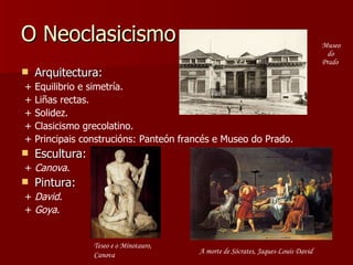 O Neoclasicismo Arquitectura: + Equilibrio e simetría. + Liñas rectas. + Solidez. + Clasicismo grecolatino. + Principais construcións: Panteón francés e Museo do Prado. Escultura: +  Canova . Pintura: +  David . +  Goya . Teseo e o Minotauro, Canova Museo do Prado A morte de Sócrates, Jaques-Louis David 