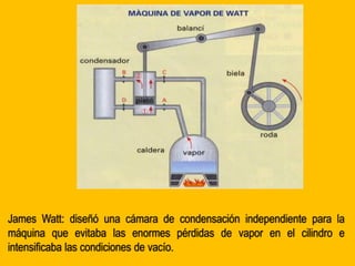 James Watt: diseñó una cámara de condensación independiente para la
máquina que evitaba las enormes pérdidas de vapor en el cilindro e
intensificaba las condiciones de vacío.
 