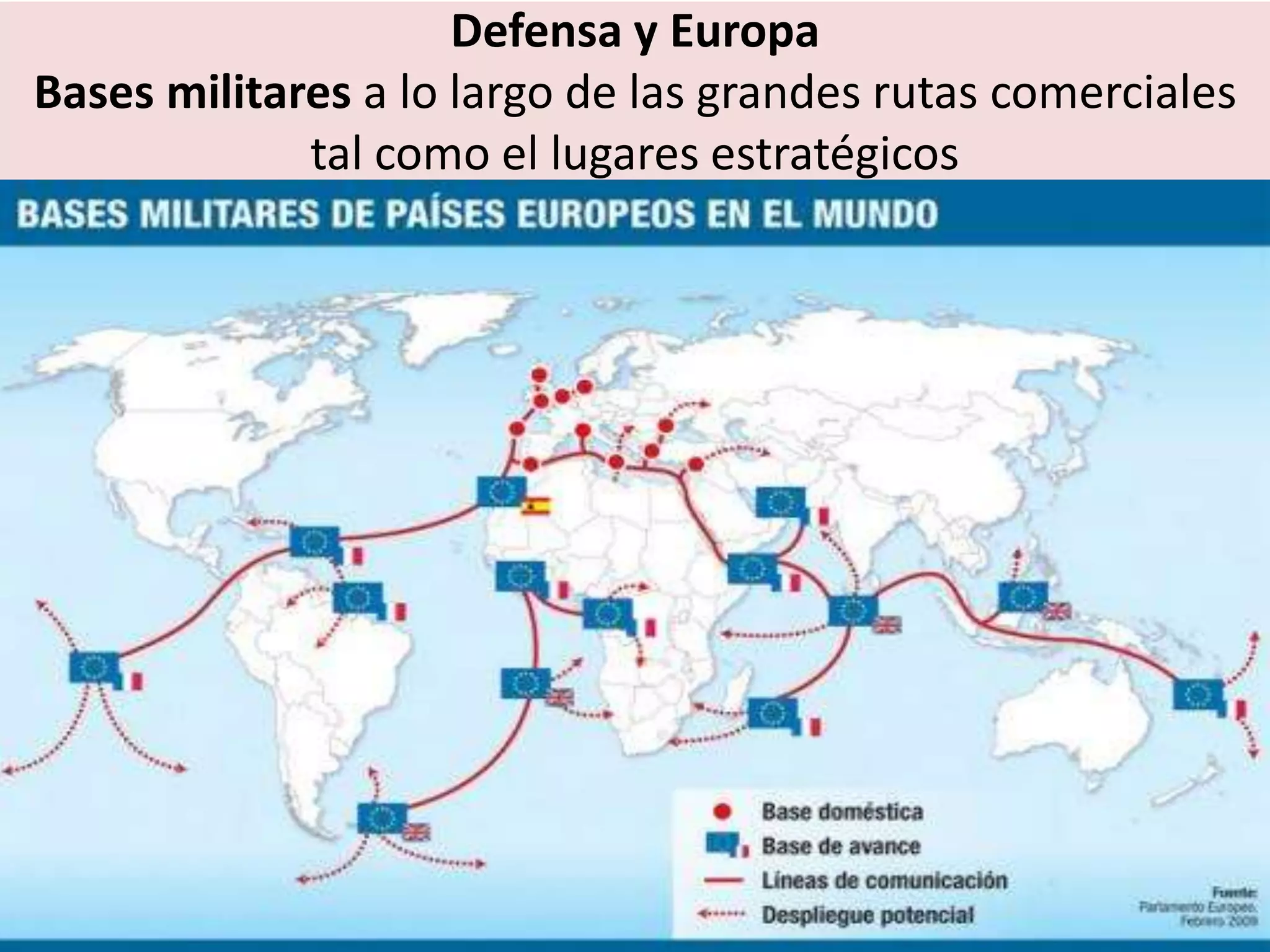 Defensa y Europa
Bases militares a lo largo de las grandes rutas comerciales
tal como el lugares estratégicos
 