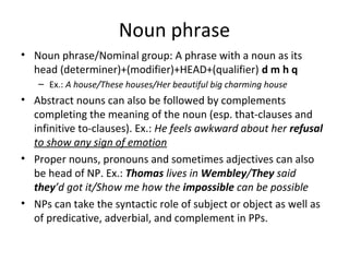 Noun phrase
• Noun phrase/Nominal group: A phrase with a noun as its
head (determiner)+(modifier)+HEAD+(qualifier) d m h q
– Ex.: A house/These houses/Her beautiful big charming house
• Abstract nouns can also be followed by complements
completing the meaning of the noun (esp. that-clauses and
infinitive to-clauses). Ex.: He feels awkward about her refusal
to show any sign of emotion
• Proper nouns, pronouns and sometimes adjectives can also
be head of NP. Ex.: Thomas lives in Wembley/They said
they’d got it/Show me how the impossible can be possible
• NPs can take the syntactic role of subject or object as well as
of predicative, adverbial, and complement in PPs.
 