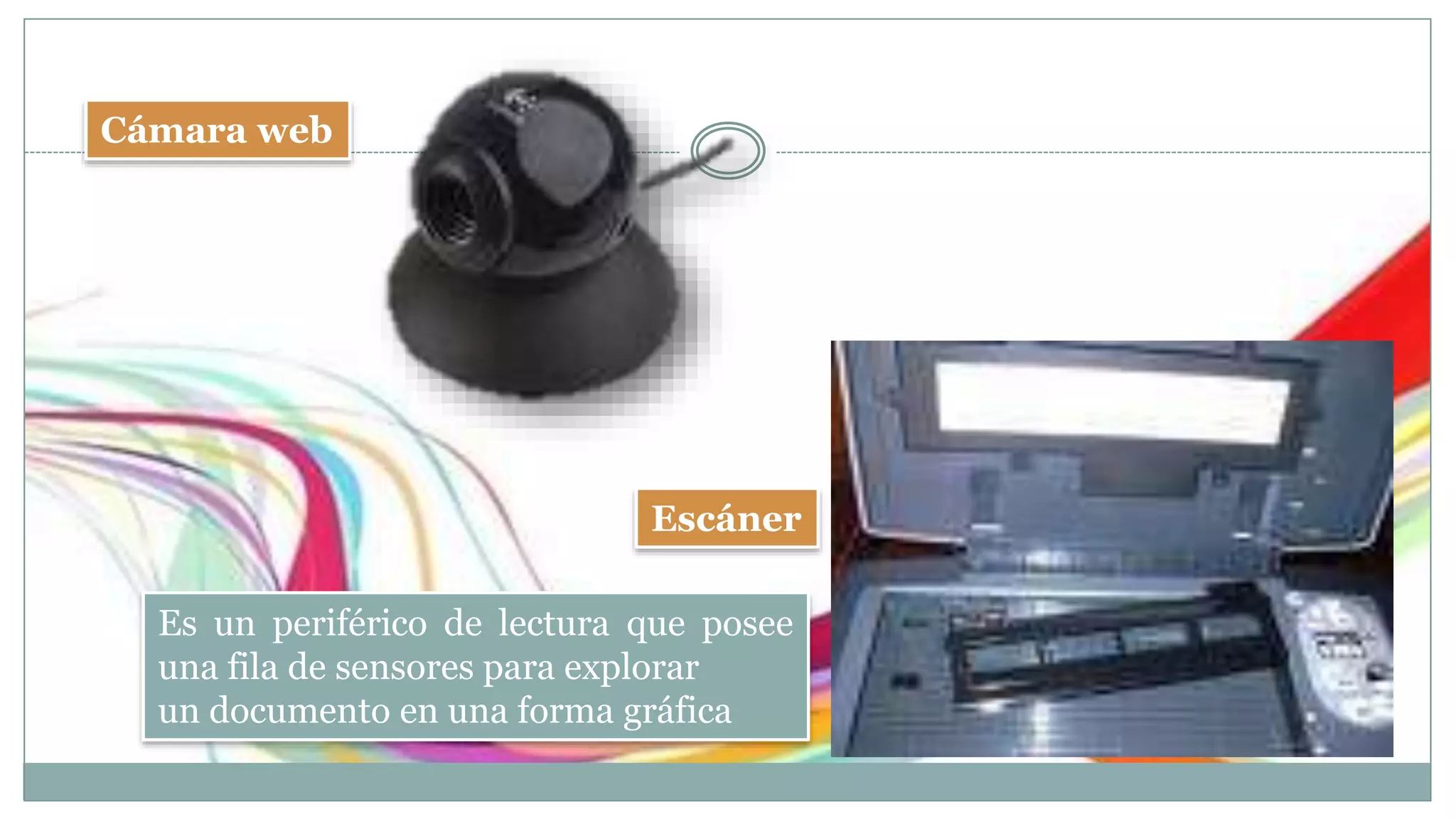 Cámara web
Escáner
Es un periférico de lectura que posee
una fila de sensores para explorar
un documento en una forma gráfica
 