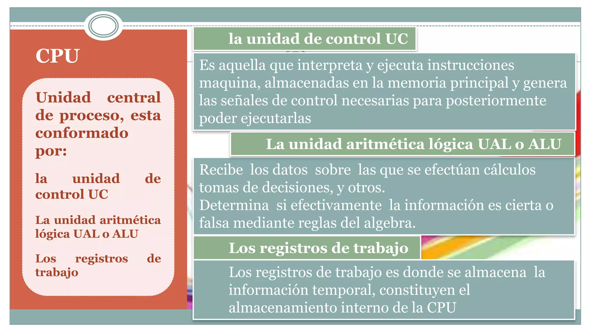 CPU
Unidad central
de proceso, esta
conformado
por:
la unidad de
control UC
La unidad aritmética
lógica UAL o ALU
Los registros de
trabajo
la unidad de control UC
Es aquella que interpreta y ejecuta instrucciones
maquina, almacenadas en la memoria principal y genera
las señales de control necesarias para posteriormente
poder ejecutarlas
Recibe los datos sobre las que se efectúan cálculos
tomas de decisiones, y otros.
Determina si efectivamente la información es cierta o
falsa mediante reglas del algebra.
La unidad aritmética lógica UAL o ALU
Los registros de trabajo
Los registros de trabajo es donde se almacena la
información temporal, constituyen el
almacenamiento interno de la CPU
 