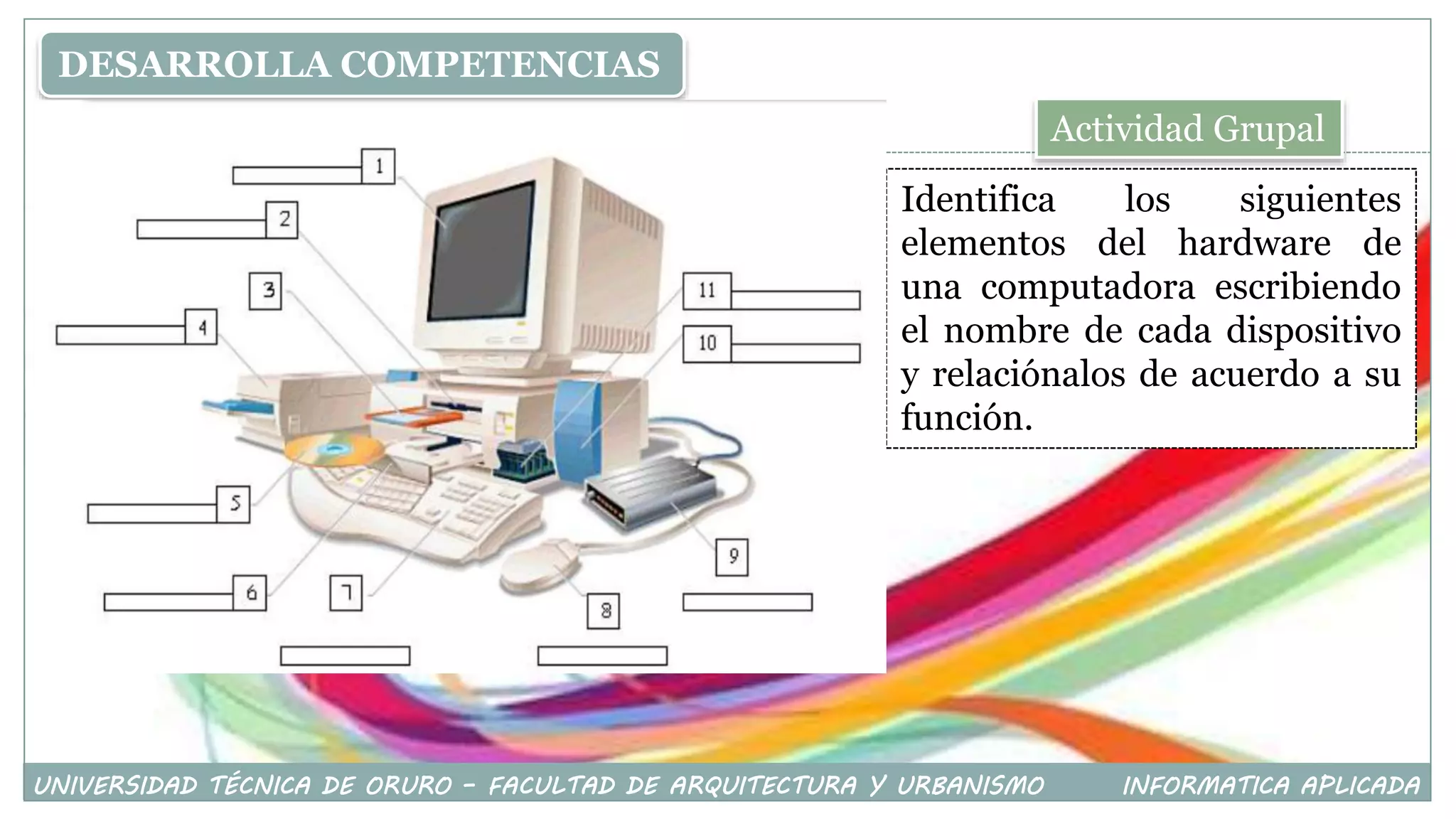 DESARROLLA COMPETENCIAS
Identifica los siguientes
elementos del hardware de
una computadora escribiendo
el nombre de cada dispositivo
y relaciónalos de acuerdo a su
función.
Actividad Grupal
UNIVERSIDAD TÉCNICA DE ORURO – FACULTAD DE ARQUITECTURA Y URBANISMO INFORMATICA APLICADA
 