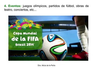 Dra. Alicia de la Peña
4. Eventos: juegos olímpicos, partidos de fútbol, obras de
teatro, conciertos, etc...
 