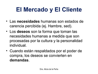 El Mercado y El Cliente
• Las necesidades humanas son estados de
carencia percibida (ej. Hambre, sed).
• Los deseos son la forma que toman las
necesidades humanas a medida que son
procesadas por la cultura y la personalidad
individual.
• Cuando están respaldados por el poder de
compra, los deseos se convierten en
demandas.
Dra. Alicia de la Peña
 