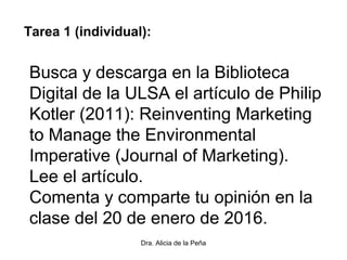Dra. Alicia de la Peña
Tarea 1 (individual):
Busca y descarga en la Biblioteca
Digital de la ULSA el artículo de Philip
Kotler (2011): Reinventing Marketing
to Manage the Environmental
Imperative (Journal of Marketing).
Lee el artículo.
Comenta y comparte tu opinión en la
clase del 20 de enero de 2016.
 