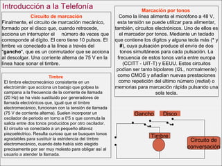 Circuito de marcación Finalmente, el circuito de marcación mecánico, formado por el disco que, cuando retrocede, acciona un interruptor el  número de veces que corresponde al dígito. El cero tiene 10 pulsos. El timbre va conectado a la línea a través del " gancho ", que es un conmutador que se acciona al descolgar. Una corriente alterna de 75 V en la línea hace sonar el timbre. Marcación por tonos   Como la línea alimenta el micrófono a 48 V, esta tensión se puede utilizar para alimentar, también, circuitos electrónicos. Uno de ellos es el marcador por tonos. Mediante un teclado que contiene los dígitos y alguna tecla más ( *  y  # ), cuya pulsación produce el envío de dos tonos simultáneos para cada pulsación. La frecuencia de estos tonos varía entre europa (CCITT - UIT-T) y EEUU. Estos circuitos podían ser tanto bipolares (I2L, normalmente) como CMOS y añadían nuevas prestaciones como repetición del último número ( redial ) o memorias para marcación rápida pulsando una sola tecla. Timbre   El timbre electromecánico consistente en un electroimán que acciona un badajo que golpea la campana a la frecuencia de la corriente de llamada (20 Hz) se ha visto sustituido por generadores de llamada electrónicos que, igual que el timbre electromecánico, funcionan con la tensión de llamada (75 V de corriente alterna). Suelen incorporar un oscilador de periodo en torno a 0'5 s que conmuta la salida entre dos tonos producidos por otro oscilador. El circuito va conectado a un pequeño altavoz piezoeléctrico. Resulta curioso que se busquen tonos agradables para sustituir la estridencia del timbre electromecánico, cuando éste había sido elegido precisamente por ser muy molesto para obligar así al usuario a atender la llamada. Introducción a la Telefonía Circuito de conversación Timbre Gancho Disco 