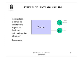 Introduccion a los Autómatas
Programables
10
Proceso
PS
TS
Termostato:
Cuando la
temperatura
supera un
límite se
activa/desactiva
el sensor
Presostato
INTERFACE : ENTRADA / SALIDA
 