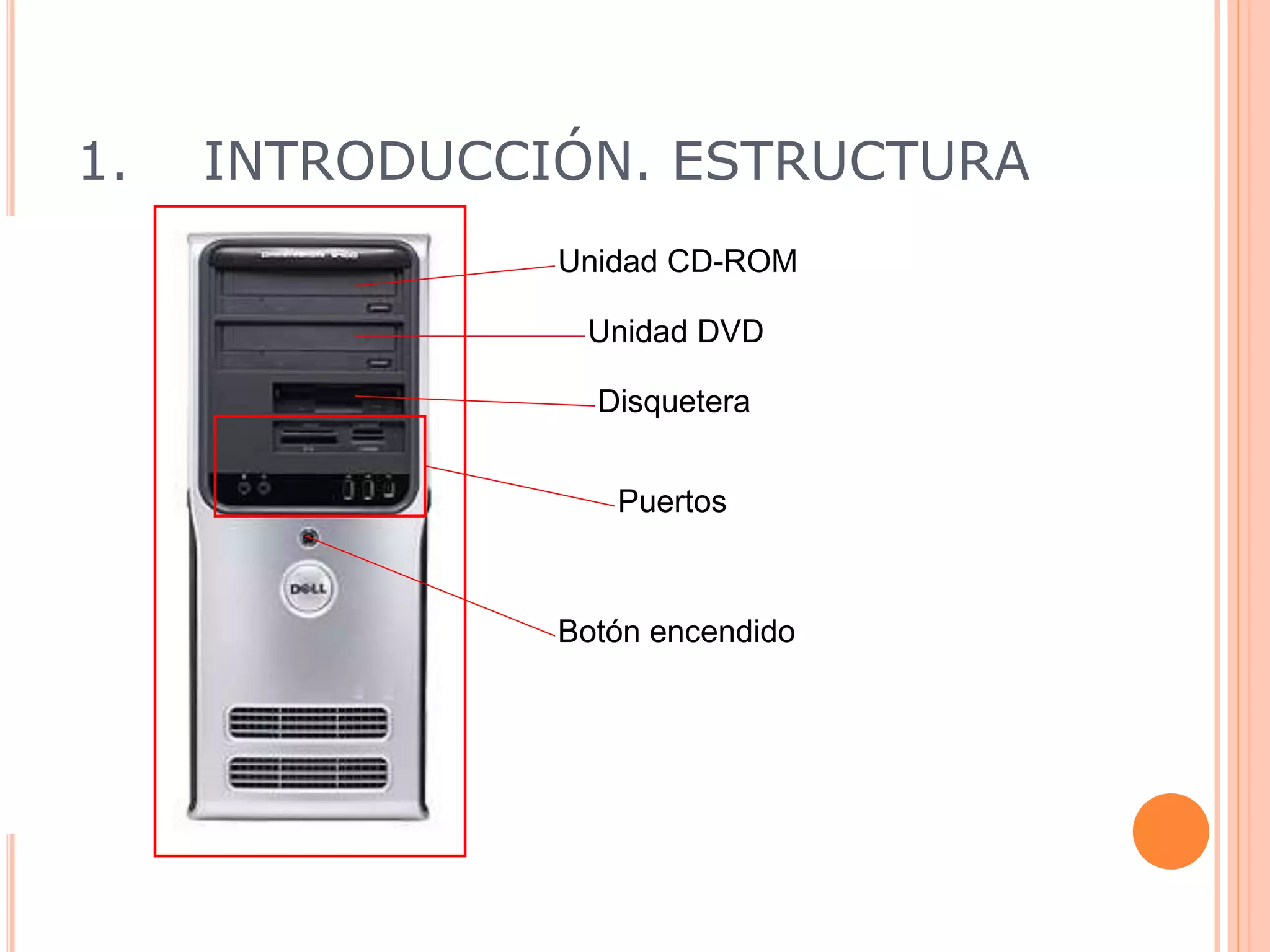 1. INTRODUCCIÓN. ESTRUCTURA
4
Unidad CD-ROM
Unidad DVD
Botón encendido
Disquetera
Puertos
 
