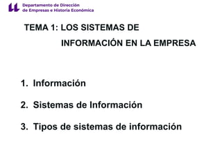 1. Información
2. Sistemas de Información
3. Tipos de sistemas de información
TEMA 1: LOS SISTEMAS DE
INFORMACIÓN EN LA EMPRESA
 