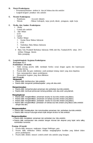  Buku Produktif Berbahasa Indonesia karangan Dra. Yustinah, M.Pd. untuk SMK dan MAK
Kelas X. 2014. Jakarta: Erlangga
 Buku Penunjang
G. Langkah-langkah Kegiatan Pembelajaran
Pertemuan ke-1
Pendahuluan (10 menit)
1. Salah seorang peserta didik memimpin berdoa sesuai dengan agama dan kepercayaan masing-
masing.
2. Peserta didik dan guru melakukan curah pendapat tentang teks anekdot setelah menyimak wacana
teks anekdot.
3. Guru menyampaikan tujuan pembelajaran.
4. Guru menyepakati kegiatan yang akan dilakukan.
Inti (70 menit)
Mengamati
 Peserta didik membaca contoh teks anekdot dengan rasa ingin tahu.
 Peserta didik mencermati uraian yang berkaitan dengan struktur isi teks anekdot (abstrak,orientasi,
krisis, respon, dan coda).
 Peserta didik membaca contoh teks anekdot yang lain.
Mempertanyakan
 Peserta didik mempertanyakan struktur isi teks anekdot (abstrak,orientasi, krisis, respon, dan coda)
dengan cermat.
 Peserta didik membuat pertanyaan yang berhubungan dengan isi teks anekdot dengan bahasa yang
komunikatif.
Mengeksplorasi
 Peserta didik menemukan struktur isi teks anekdot (abstrak,orientasi, krisis, respon, dan coda).
 Peserta didik menemukan ciri bahasa teks anekdot (pertanyaan retoris, proses material, dan
konjungsi temporal).
Mengasosiasikan
 Peserta didik mendiskusikan dan menyimpulkan hasil temuan terkait dengan struktur isi (abstrak,
orientasi, krisis, respon, dan coda) dan ciri bahasa teks anekdot (pertanyaan retoris, proses material,
dan konjungsi temporal).
Mengomunikasikan
 Peserta didik mengomunikasikan dan saling menilai kebenaran/ketepatan kesimpulan
antarkelompok.
 Peserta didik menanggapi presentasi teman/kelompok lain secara santun.
Penutup (10 menit)
1. Peserta didik menyusun rangkuman dengan bimbingan guru.
2. Peserta didik melakukan refleksi misalnya mengungkapkan kesulitan yang dialami dalam proses
pembelajaran.
3. Peserta didik diminta mencari contoh-contoh teks anekdot yang beragam.
4. Peserta didik diberi tahu bahwa pada pertemuan berikutnya siswa diajak menginterpretasi teks
anekdot.
5. Salah seorang peserta didik memimpin berdoa untuk mengakhiri pembelajaran.
Pertemuan ke-2
Pendahuluan (10 menit)
1. Salah seorang peserta didik memimpin berdoa sesuai dengan agama dan kepercayaan masing-masing.
2. Peserta didik dan guru melakukan curah pendapat tentang teks anekdot setelah menyimak tayangan
humor/anekdot.
3. Guru menyampaikan tujuan pembelajaran.
4. Menyepakati kegiatan yang akan dilakukan.
Inti (70 menit)
Mengamati
 Peserta didik membaca contoh teks anekdot dengan rasa ingin tahu.
 Peserta didik mencermati uraian yang berkaitan dengan menginterpretasi makna teks anekdot
 Peserta didik membaca contoh teks anekdot untuk memahami isinya.
Mempertanyakan
 Peserta didik mempertanyakan makna teks anekdot dengan cermat.
 Peserta didik membuat pertanyaan yang berhubungan dengan makna teks anekdot dengan pemahaman
bahasa di dalamnya.
Mengeksplorasi
 