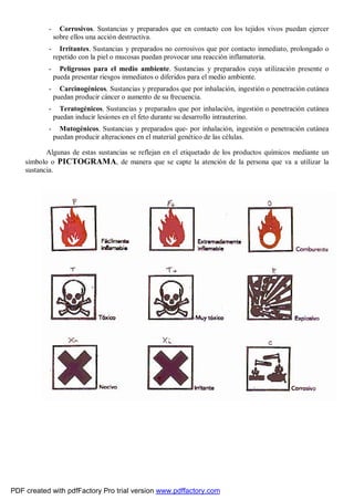 - Corrosivos. Sustancias y preparados que en contacto con los tejidos vivos puedan ejercer 
sobre ellos una acción destructiva. 
- Irritantes. Sustancias y preparados no corrosivos que por contacto inmediato, prolongado o 
repetido con la piel o mucosas puedan provocar una reacción inflamatoria. 
- Peligrosos para el medio ambiente. Sustancias y preparados cuya utilización presente o 
pueda presentar riesgos inmediatos o diferidos para el medio ambiente. 
- Carcinogénicos. Sustancias y preparados que por inhalación, ingestión o penetración cutánea 
puedan producir cáncer o aumento de su frecuencia. 
- Teratogénicos. Sustancias y preparados que por inhalación, ingestión o penetración cutánea 
puedan inducir lesiones en el feto durante su desarrollo intrauterino. 
- Mutogénicos. Sustancias y preparados que- por inhalación, ingestión o penetración cutánea 
puedan producir alteraciones en el material genético de las células. 
Algunas de estas sustancias se reflejan en el etiquetado de los productos químicos mediante un 
símbolo o PICTOGRAMA, de manera que se capte la atención de la persona que va a utilizar la 
sustancia. 
PDF created with pdfFactory Pro trial version www.pdffactory.com 
 