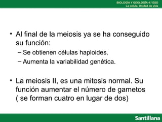 BIOLOGÍA Y GEOLOGÍA 4.º ESO
La célula. Unidad de vida
• Al final de la meiosis ya se ha conseguido
su función:
– Se obtienen células haploides.
– Aumenta la variabilidad genética.
• La meiosis II, es una mitosis normal. Su
función aumentar el número de gametos
( se forman cuatro en lugar de dos)
 