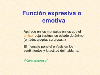 Función expresiva o 
emotiva 
Aparece en los mensajes en los que el 
emisor deja traslucir su estado de ánimo 
(enfado, alegría, sorpresa...) 
El mensaje pone el énfasis en los 
sentimientos y la actitud del hablante. 
¡Vaya sorpresa! 
 