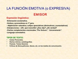 LA FUNCIÓN EMOTIVA (o EXPRESIVA) 
EMISOR 
Expresión lingüística: 
-Entonación exclamativa. 
-Verbos y pronombres en 1ª pers. 
- Adjetivación valorativa; sufijos apreciativos (diminutivos y aumentativos) 
-Interjecciones. / ¡Oh, qué maravilla! /¿Eso dijo? ¿De verdad? 
-Ciertos complementos oracionales:”Por fortuna”, “sinceramente”. 
-Lenguaje connotativo. 
TIPOS DE TEXTO: 
• Cartas Personales. 
• Diarios íntimos; autobiografías. 
• Poemas. Textos literarios 
• Críticas de libros,películas, discos, etc. en los medios de comunicación. 
 