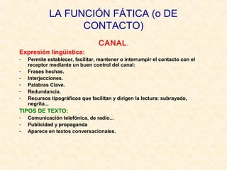 LA FUNCIÓN FÁTICA (o DE 
CONTACTO) 
CANAL. 
Expresión lingüística: 
- Permite establecer, facilitar, mantener o interrumpir el contacto con el 
receptor mediante un buen control del canal: 
- Frases hechas. 
- Interjecciones. 
- Palabras Clave. 
- Redundancia. 
- Recursos tipográficos que facilitan y dirigen la lectura: subrayado, 
negrita... 
TIPOS DE TEXTO: 
- Comunicación telefónica, de radio... 
- Publicidad y propaganda 
- Aparece en textos conversacionales. 
 