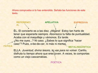 Ahora comprueba si lo has entendido. Señala las funciones de este 
texto. 
REFERENCI 
AL 
APELATIVA EXPRESIVA 
ÉL. El concierto es a las diez. ¡Aligera! Estoy tan harto de 
tener que esperarte siempre. Aborrezco tu falta de puntualidad. 
Acaba con el maquillaje y vámonos. Es tarde. 
¿No me oyes...? Ni caso. ¿Sabes lo que significa “hacer 
caso”? Pues, o-be-de-cer, ni más ni menos. 
ELLA. Juventud, divino tesoro, te vas para no volver. Cariño, 
disfruta tu tiempo ahora que eres joven. A veces, te comportas 
como un viejo cascarrabias. 
FÁTICA METALINGÜÍSTICA 
POÉTICA 
 