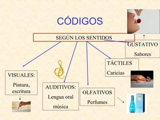CÓDIGOS 
SEGÚN LOS SENTIDOS 
VISUALES: 
Pintura, 
escritura 
AUDITIVOS: 
Lengua oral 
música 
TÁCTILES 
Caricias 
OLFATIVOS 
Perfumes 
GUSTATIVO 
Sabores 
 