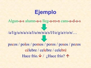 Ejemplo 
Algun-a-s alumn-a-s lleg-a-ro-n cans-a-d-a-s 
/a/l/g/u/n/a/s/a/l/u/m/n/a/s/l/l/e/g/a/r/o/n/… 
pocos / polos / pomos / poros / posos / pozos 
célebre / celebre / celebré 
Hace frío. / ¿Hace frío?  
 
