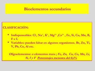 Bioelementos secundarios
CLASIFICACIÓN:
 Indispensables: Cl-
, Na+
, K+
, Mg2+
,Ca2+
, Fe, Si, Cu, Mn, B,
F e I.
 Variables: pueden faltar en algunos organismos. Br, Zn, Ti,
V, Pb, Co, Al etc.
Oligoelementos: o elementos traza ; Fe, Zn, Cu, Co, Mn, Li,
Si, I y F Porcentajes menores del 0,1%
 