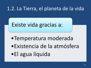 1.2. La Tierra, el planeta de la vida
•Temperatura moderada
•Existencia de la atmósfera
•El agua líquida
Existe vida gracias a:
16
 