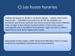 C) Los husos horarios
El globo terráqueo se divide en 24 partes iguales —tantas como horas
tiene el día—, llamadas husos horarios, de 15º de amplitud. Los
territorios que forman parte de una misma zona de estas tienen idéntica
hora, la legal, la que indican nuestros relojes. El huso cero, que se
corresponde con el meridiano de Greenwich, lugar cercano a Londres,
determina la hora de los lugares del mundo.
Representa la hora origen o GMT (Greenwich Meridian Time). El mapa
muestra los meridianos centrales de los husos horarios
29
 