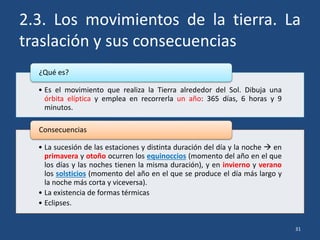 2.3. Los movimientos de la tierra. La
traslación y sus consecuencias
• Es el movimiento que realiza la Tierra alrededor del Sol. Dibuja una
órbita elíptica y emplea en recorrerla un año: 365 días, 6 horas y 9
minutos.
¿Qué es?
• La sucesión de las estaciones y distinta duración del día y la noche  en
primavera y otoño ocurren los equinoccios (momento del año en el que
los días y las noches tienen la misma duración), y en invierno y verano
los solsticios (momento del año en el que se produce el día más largo y
la noche más corta y viceversa).
• La existencia de formas térmicas
• Eclipses.
Consecuencias
31
 