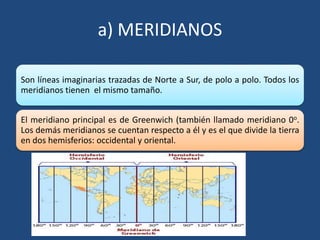 a) MERIDIANOS
Son líneas imaginarias trazadas de Norte a Sur, de polo a polo. Todos los
meridianos tienen el mismo tamaño.
El meridiano principal es de Greenwich (también llamado meridiano 0o.
Los demás meridianos se cuentan respecto a él y es el que divide la tierra
en dos hemisferios: occidental y oriental.
 