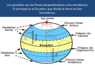 Los paralelos son las líneas perpendiculares a los meridianos.
El principal es el Ecuador, que divide la tierra en dos
hemisferios.
 