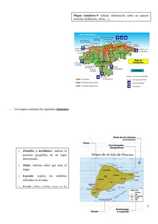 - Los mapas contienen los siguientes elementos:
3
Mapas temáticos señalan información sobre un aspecto
concreto (población, clima,…)
o Paralelos y meridianos: indican la
posición geográfica de un lugar
determinado.
o Título: informa sobre qué trata el
mapa.
o Leyenda: explica los símbolos
utilizados en el mapa.
o Escala: indica cuántas veces se ha
 