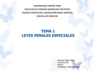 TEMA 1
LEYES PENALES ESPECIALES
UNIVERSIDAD FERMÍN TORO
FACULTAD DE CIENCIAS JURIDICASY POLITICAS
UNIDAD CURRICULAR: LEGISLACIÓN PENAL ESPECIAL
ESCUELA DE DERECHO
Alumna: Diana Yépez
V-23.813.192
SAIA A
Facilitador: Cristina Virguez
 